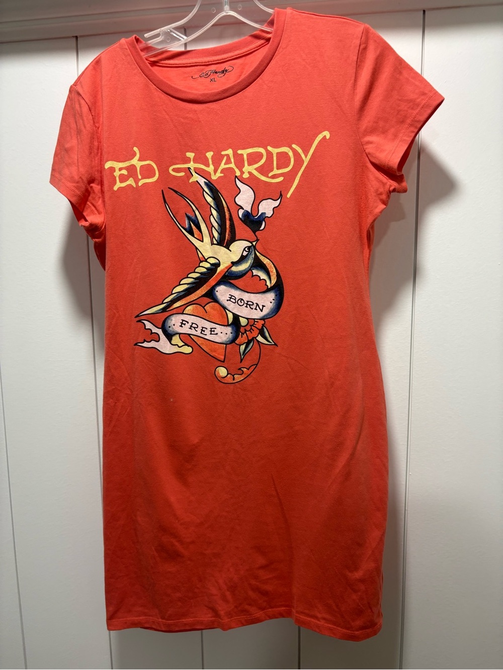 Ed Hardy Orange Graphic Tee Dress with Swallow and Banner size XL Born Free